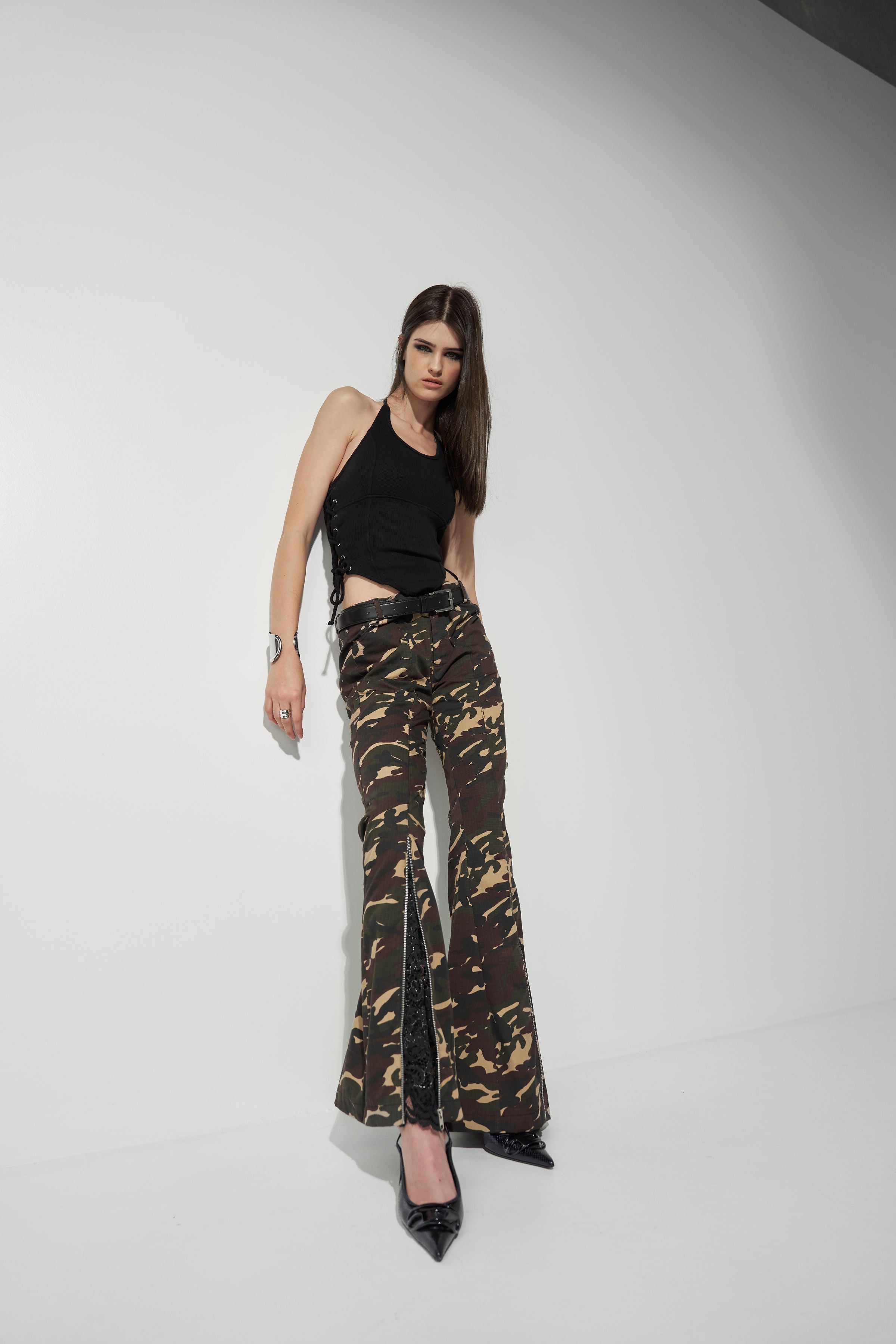 FLARED PANTS WITH LACE DETAILS
